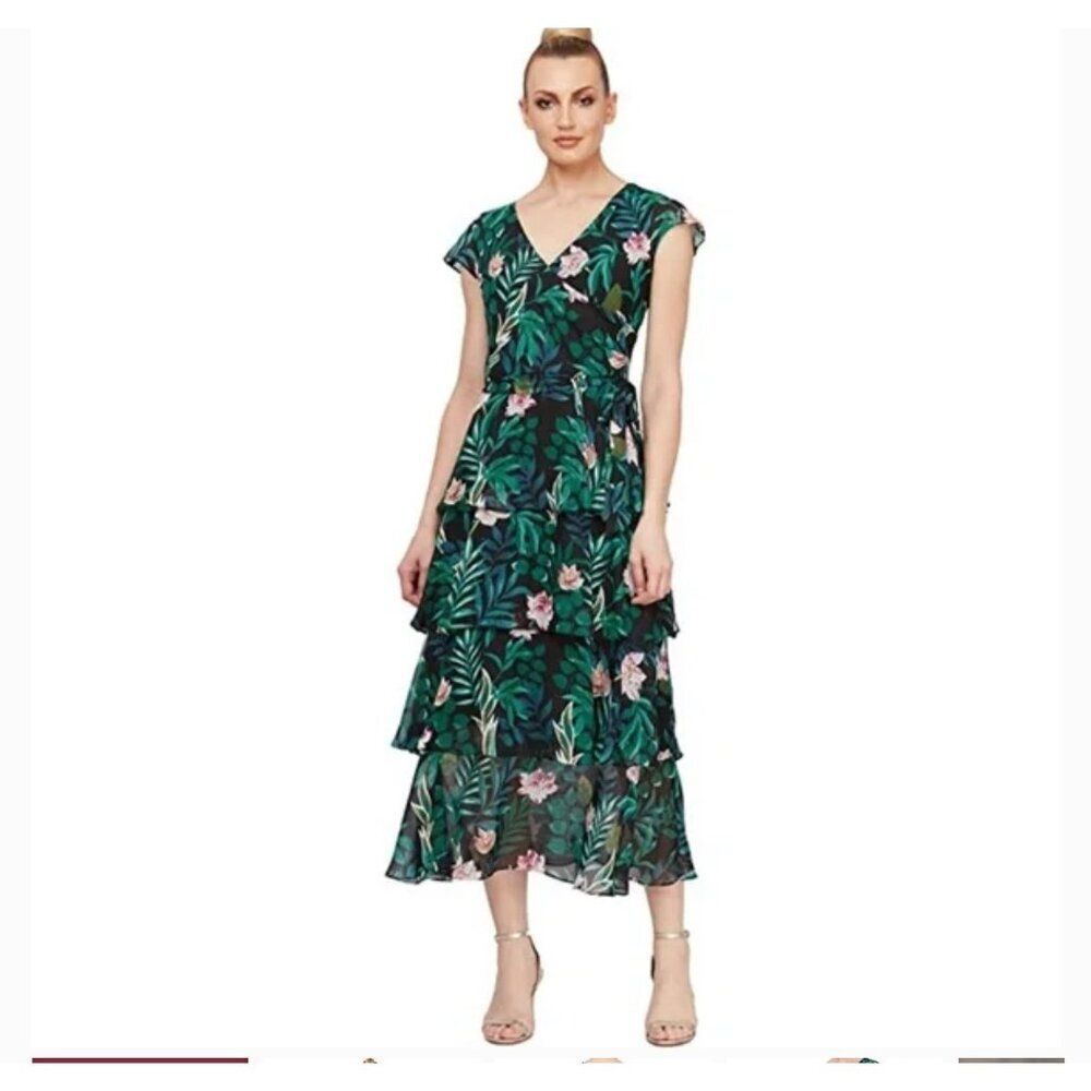 Ignite Evening Women Floral Surplice Neckline Tiered Layered Maxi Dress Size 12